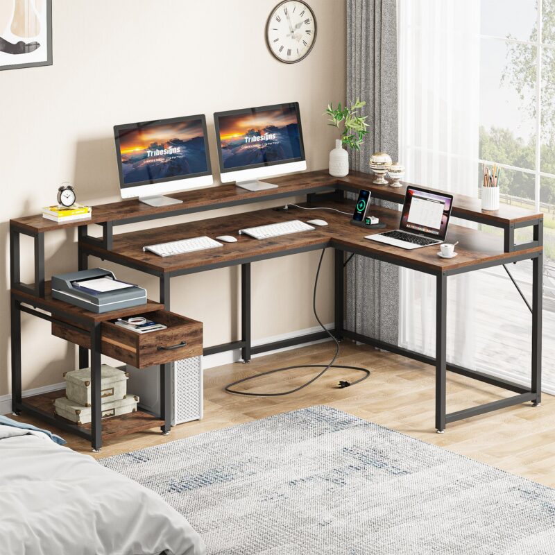 L-Shaped Desk, Corner Desk with Power Outlets, Monitor Stand & Drawer - Image 2