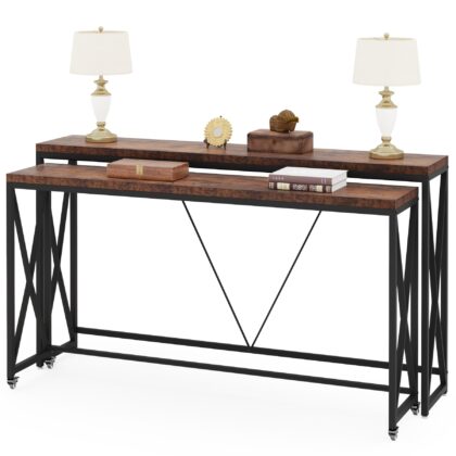 Console Table Set of 2, Narrow Long Sofa Table with Wheels
