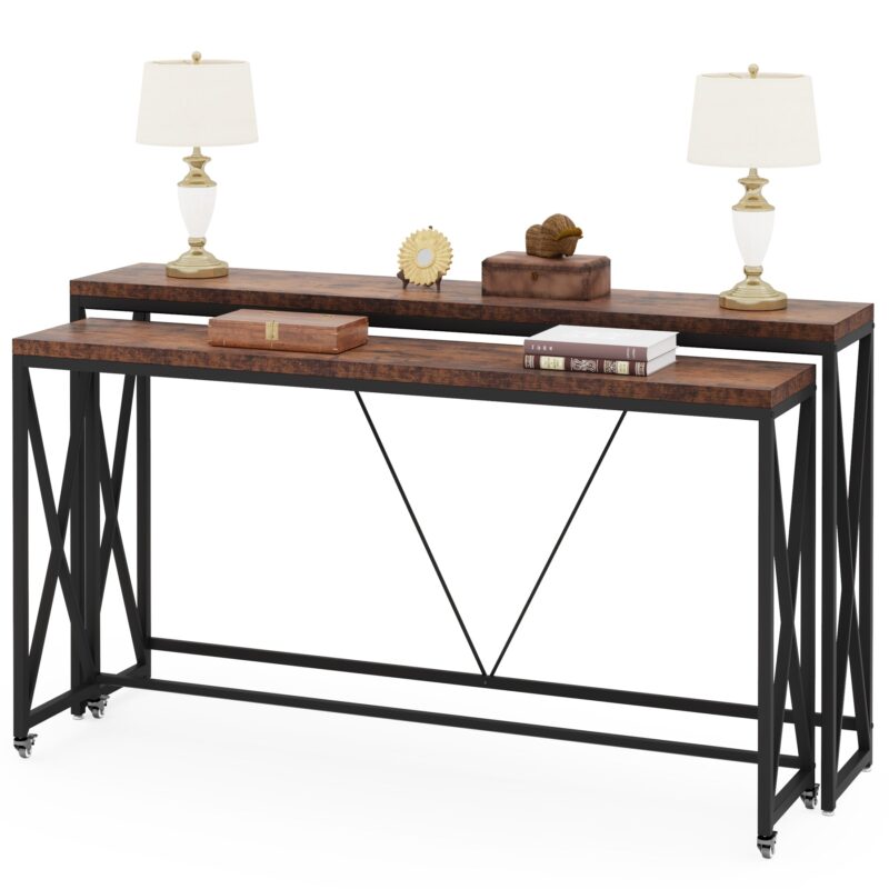 Console Table Set of 2, Narrow Long Sofa Table with Wheels