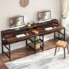 Two Person Desk, 78.7" Double Computer Desk with Monitor Riser & Shelves - Image 3