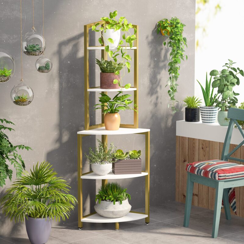 Corner Shelf, 60 Inch Corner Bookshelf Ladder Shelf Plant Stand - Image 10