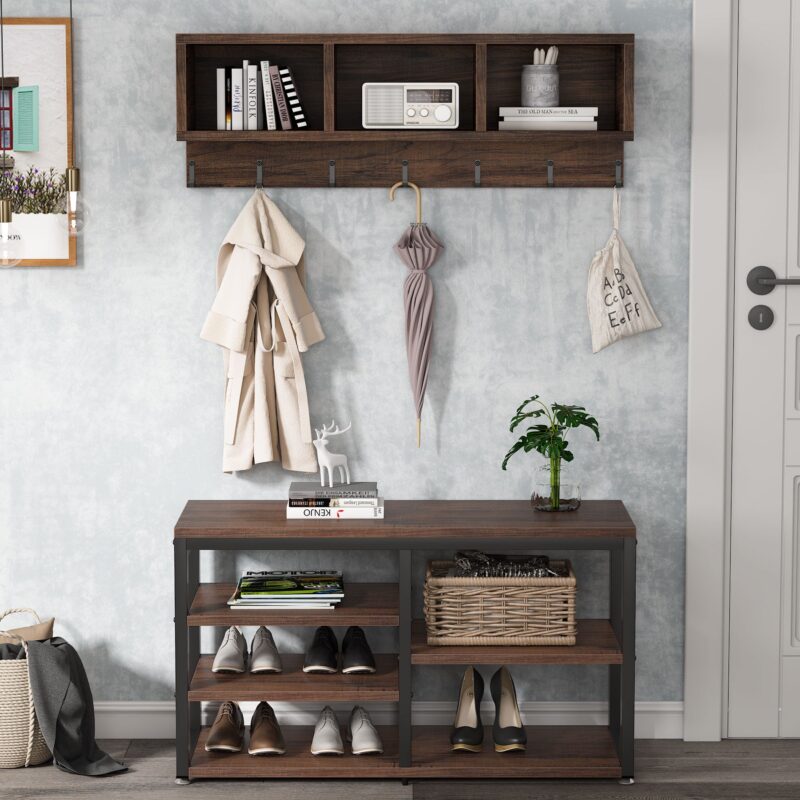 Coat Rack Shoe Bench Set, Hall Tree with Wall Mounted Shelf - Image 3