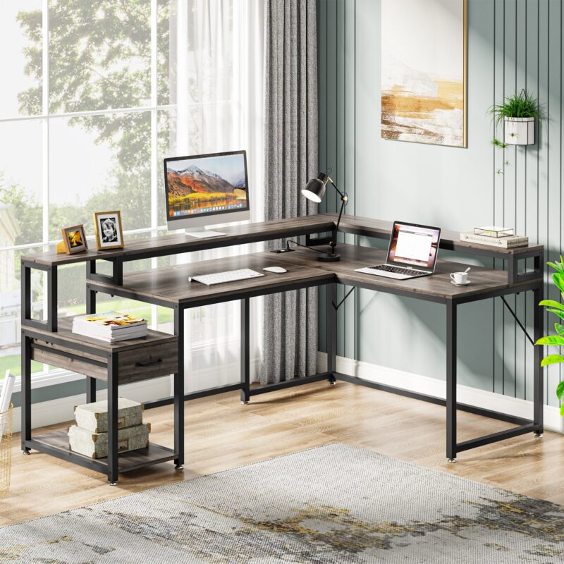 L-Shaped Desk, Corner Desk with Power Outlets, Monitor Stand & Drawer - Image 8