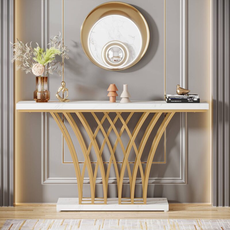 Console Table, 59 " Faux Marble Entryway Table with Geometric Metal Base - Image 4