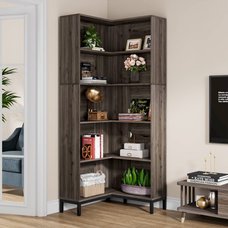 Corner Bookcase, 71 inch 6-Tier L-Shaped Etagere Bookshelf - Image 4