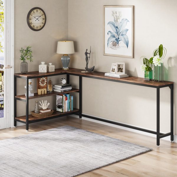 LShaped Console Table, Reversible Sofa Table with 3Tier Shelves