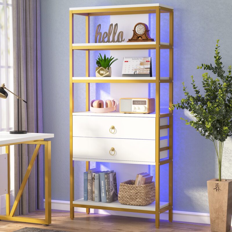 Bookshelf, 5-Tier Bookcase with 2 Drawers & LED Light - Image 2