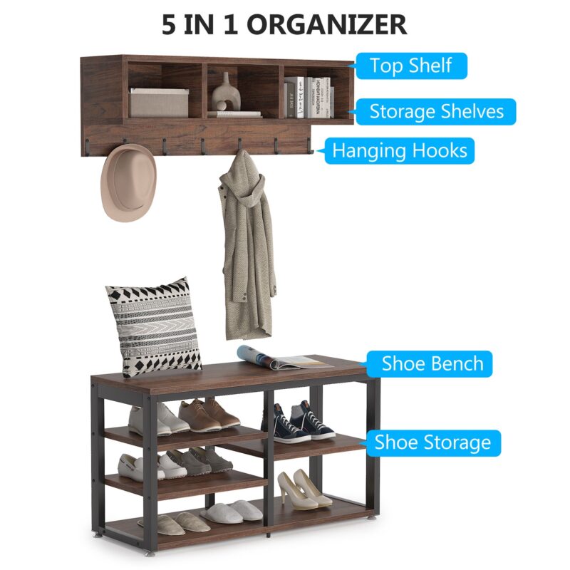 Coat Rack Shoe Bench Set, Hall Tree with Wall Mounted Shelf - Image 4