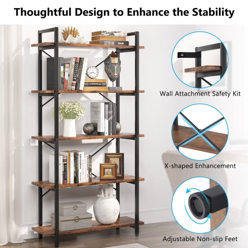 Bookshelf,  5 Tier Bookcase Display Shelf Unit - Image 6