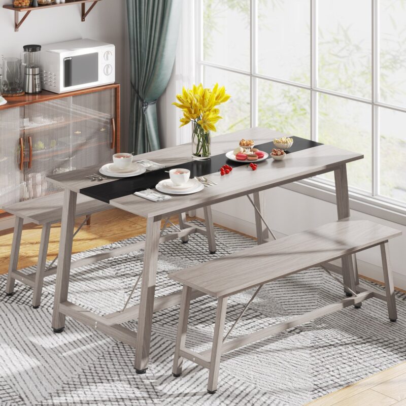 Dining Table Set, 55" Kitchen Table Set with 2 Benches - Image 2