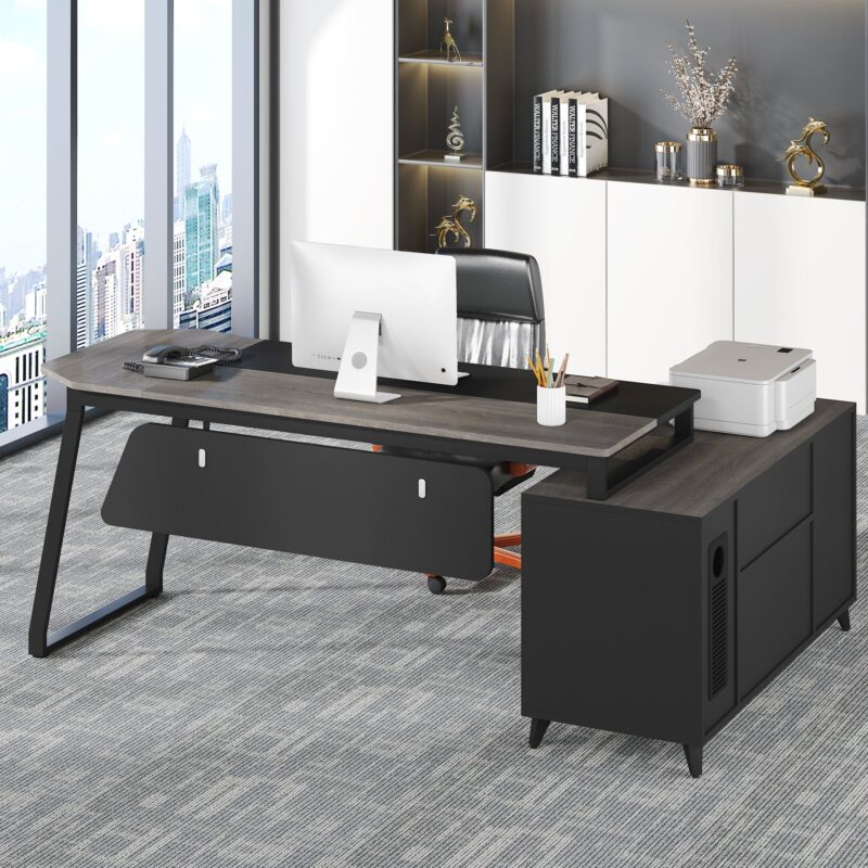L-Shaped Desk, 70.8 Inch Executive Desk with 47.2 Inch File Cabinet - Image 3