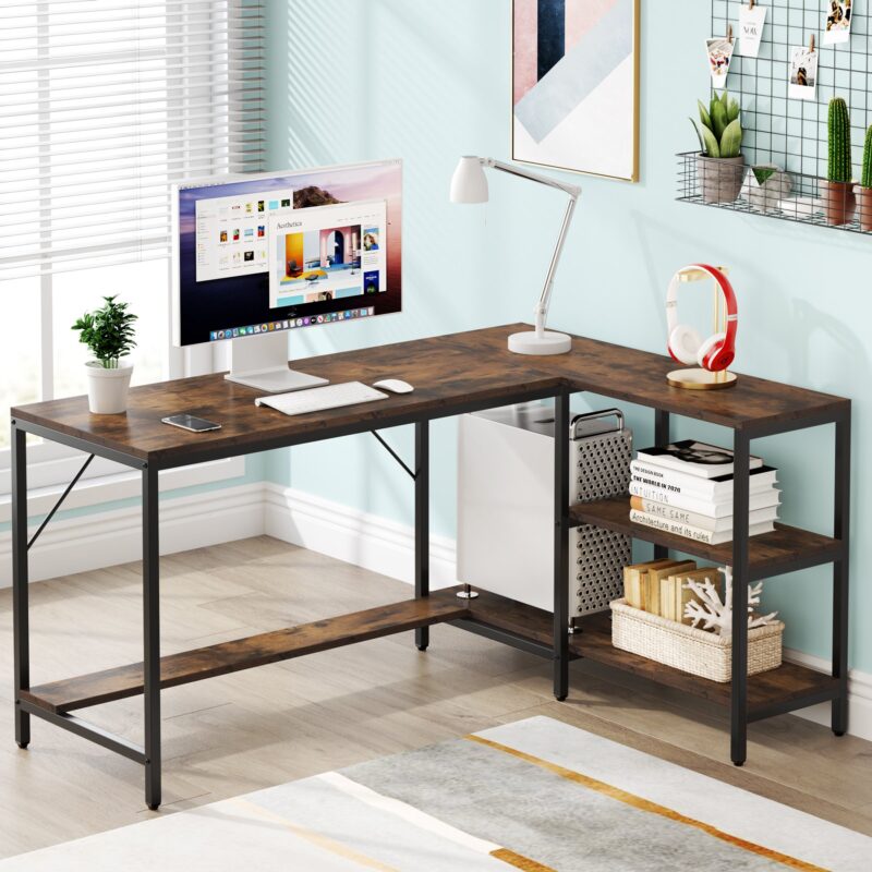L-Shaped Desk, Reversible Corner Computer Desk with Storage Shelves - Image 2