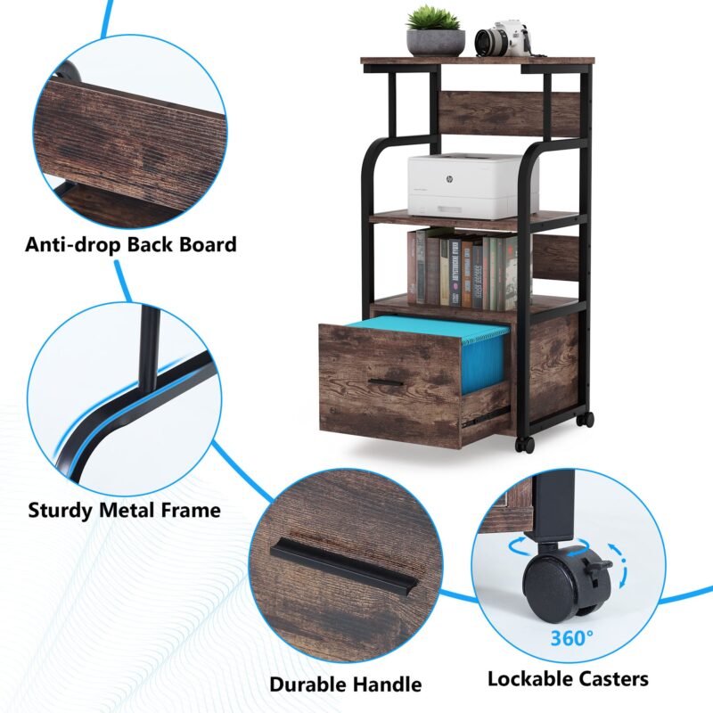 File Cabinet, 3 Tier Mobile Printer Stand with Legal Size Drawer - Image 5
