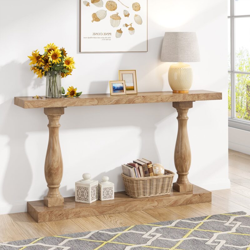 Console Table, 63" Solid Wood Entryway Table with Floor Shelf - Image 2