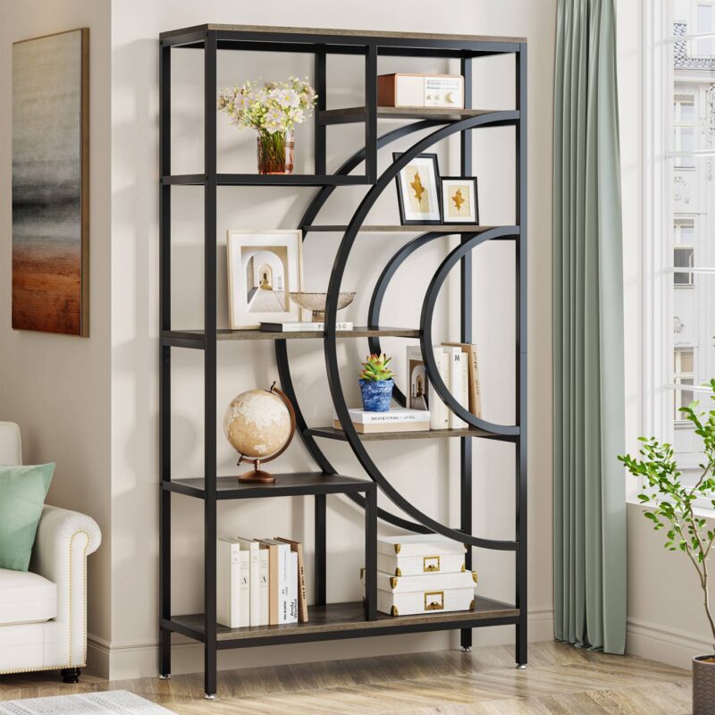 Bookshelf, 71" Geometric Bookcase, Industrial 8-Tiers Etagere Shelving Unit - Image 4