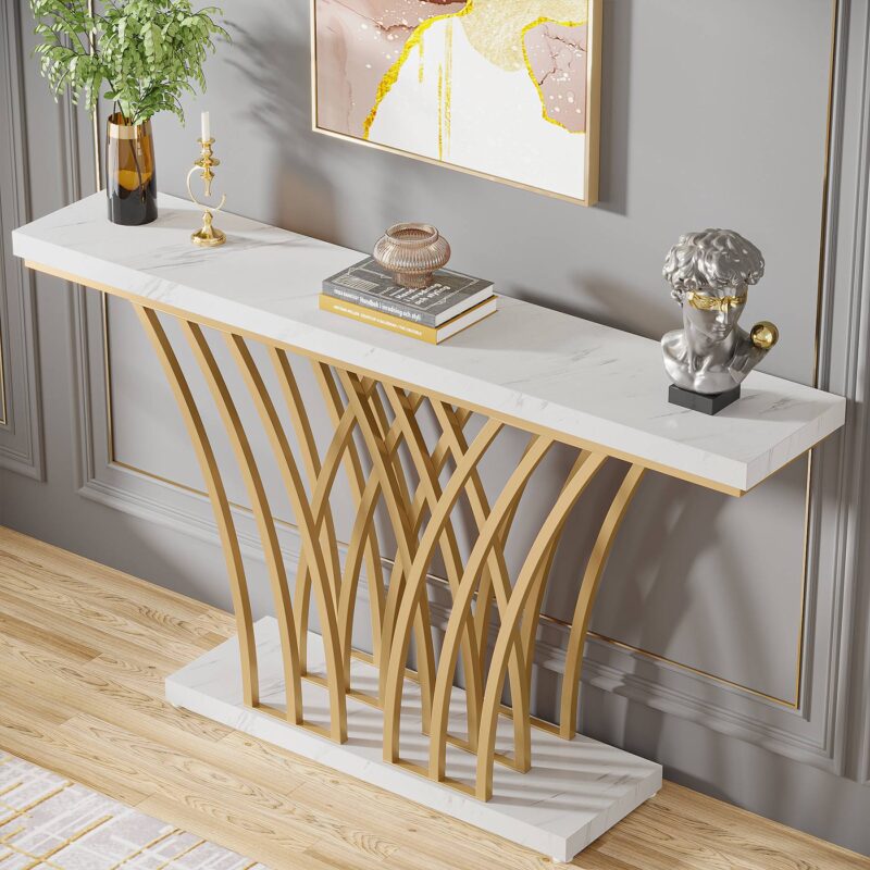 Console Table, 59 " Faux Marble Entryway Table with Geometric Metal Base - Image 5