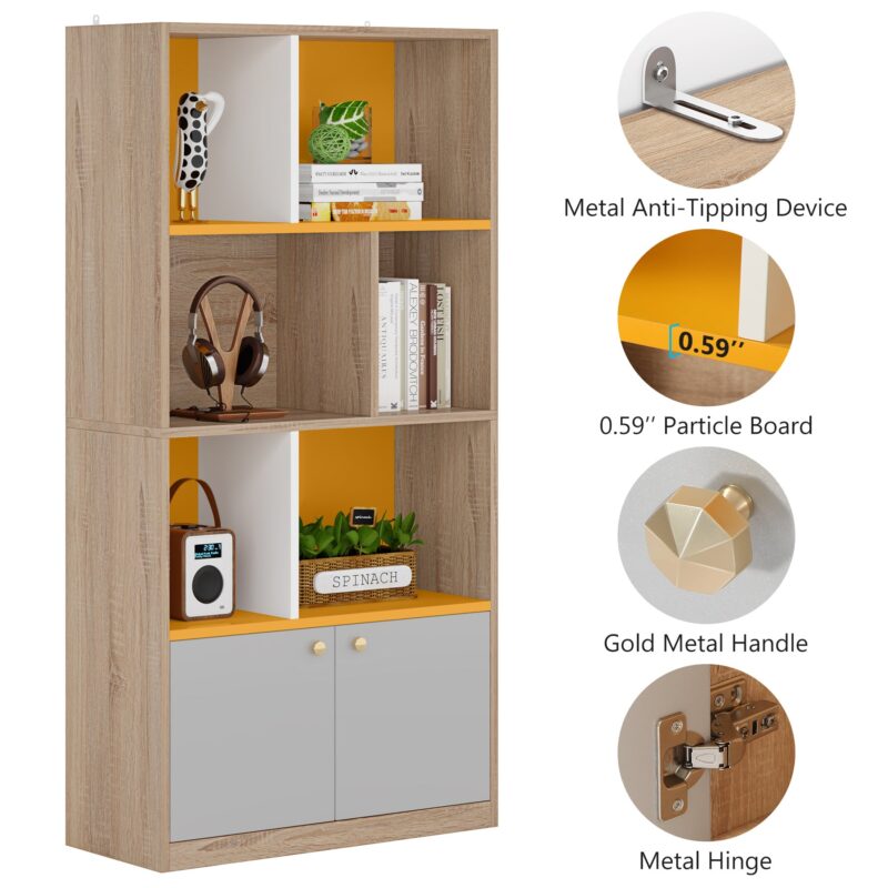 Bookshelf, 65" Tall Freestanding Cube Bookcase with Doors & Open Shelves - Image 6