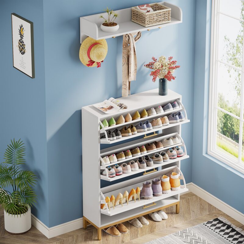 Shoe Cabinet, Flip Drawer Shoe Organizer and Coat Rack Set - Image 4