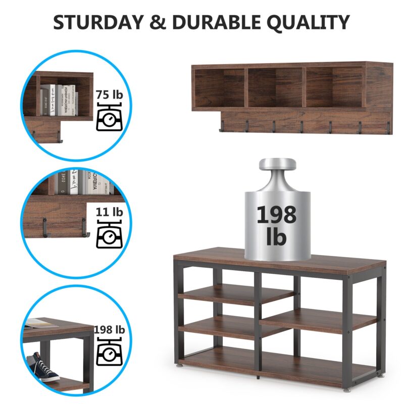 Coat Rack Shoe Bench Set, Hall Tree with Wall Mounted Shelf - Image 5