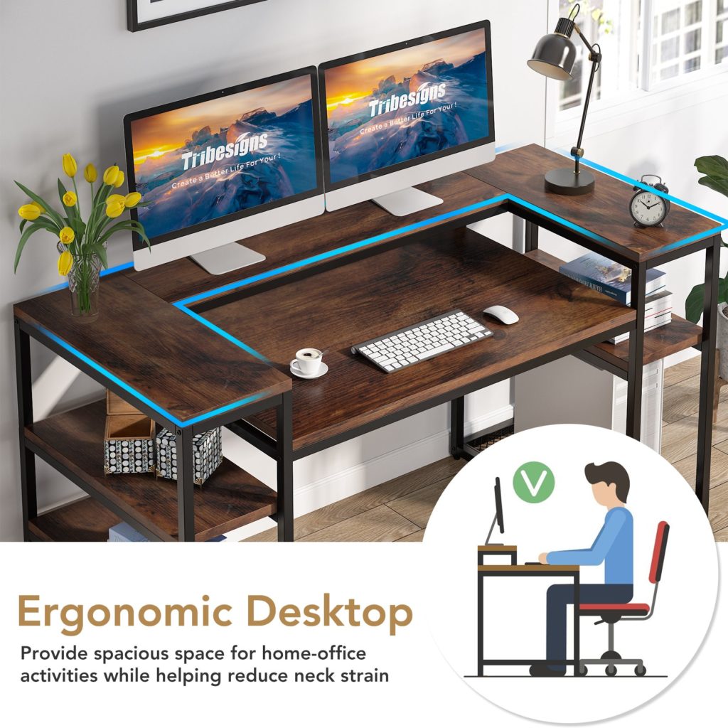 Computer Desk, 160 CM Study Table with Monitor Stand & Shelves ...