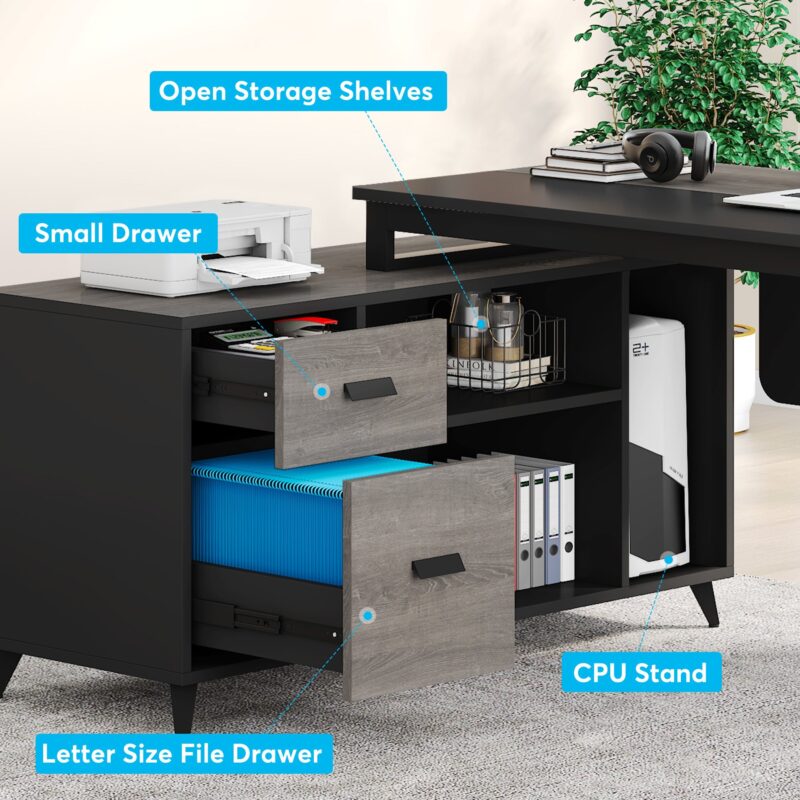L-Shaped Desk, 70.8 Inch Executive Desk with 47.2 Inch File Cabinet - Image 5