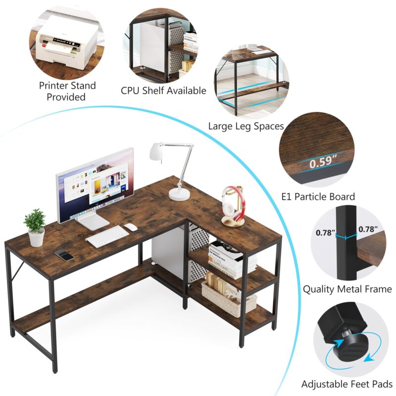 L-Shaped Desk, Reversible Corner Computer Desk with Storage Shelves - Image 7