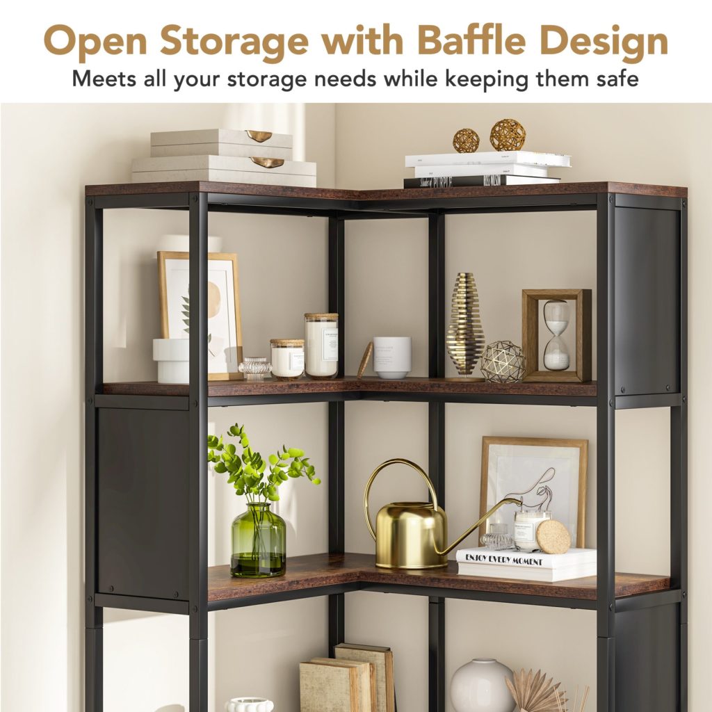 IOTXY 6-Tier L-Shaped Corner Bookshelf - 66" Tall Wooden Freestanding Bookcase With Open Shelf Units Walnut