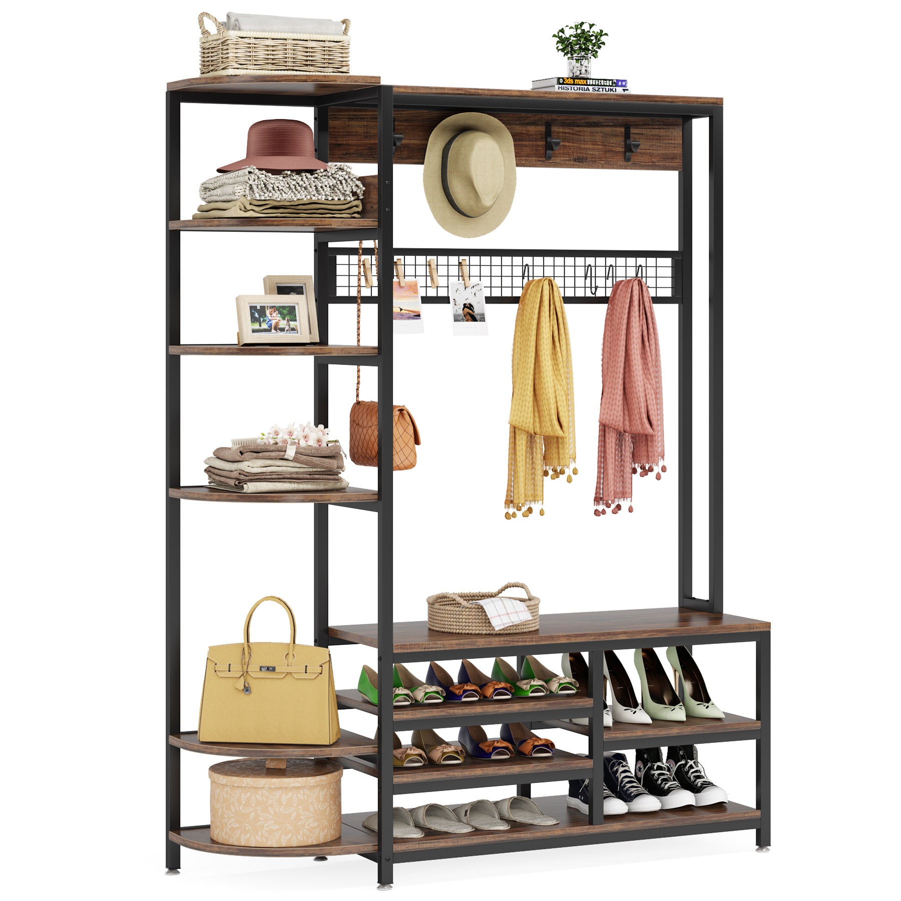 Coat Rack Shoe Bench, 6-in-1 Hall Tree with Shoe Storage & Shelves ...