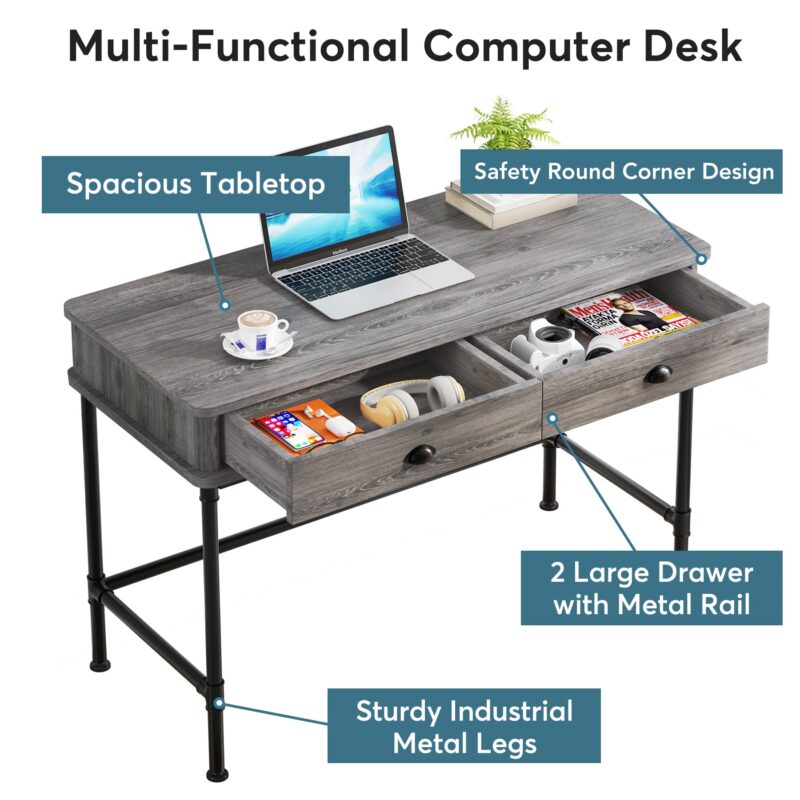 Computer Desk, 47" Study Writing Table with 2 Storage Drawers - Image 5