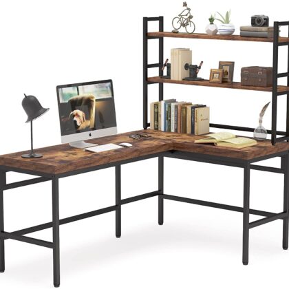 L-Shaped Desk, 67" Computer Writing Desk with Hutch, Rustic