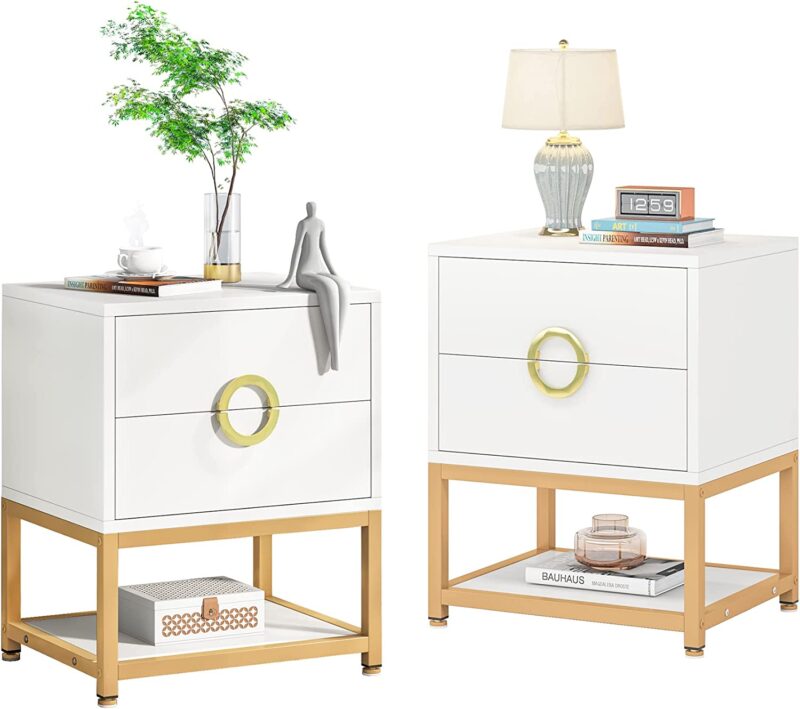 Nightstand, Sofa Side Table with 2 Drawers and Storage Shelf - Image 7