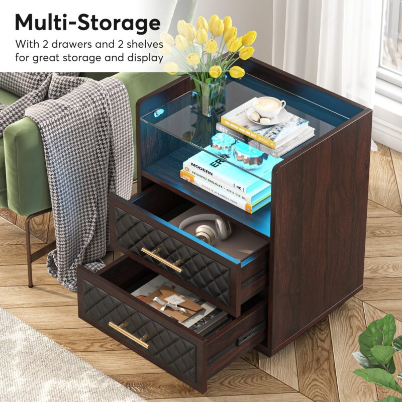 Nightstand, 2 Drawers Beside Table with LED Lights and Shelves - Image 6