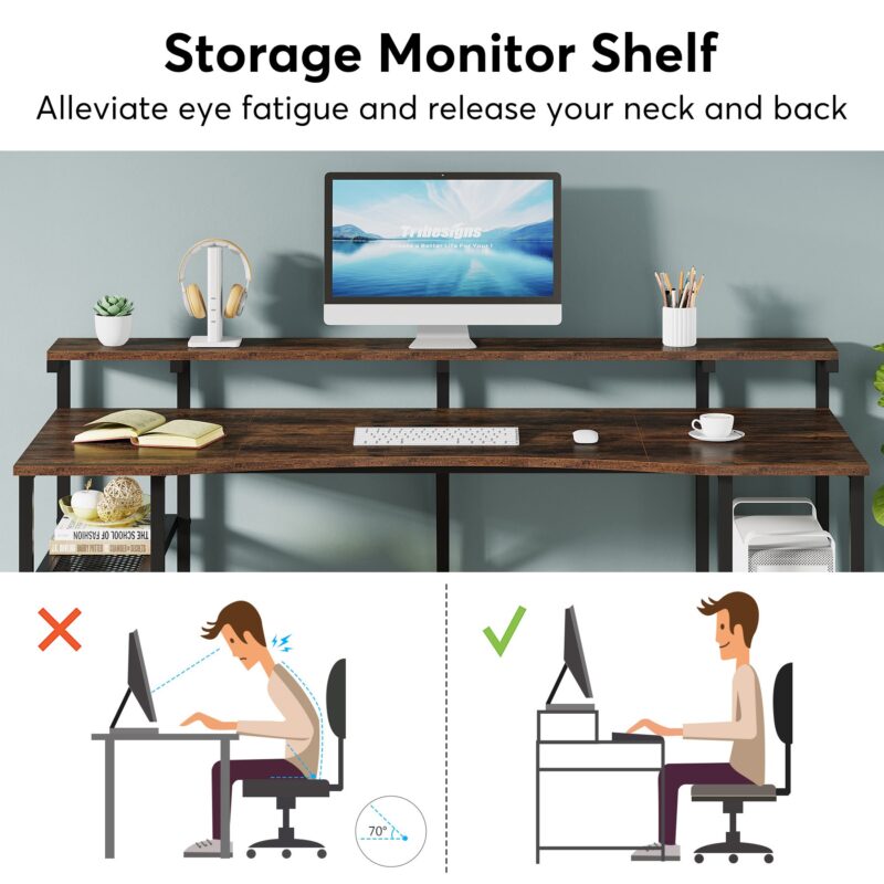 Computer Desk, 63" Writing Desk with Monitor Stand & Storage Shelves - Image 4