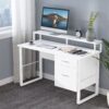 Computer Desk, White Study Table with with Monitor Stand ＆ Drawers - Image 3