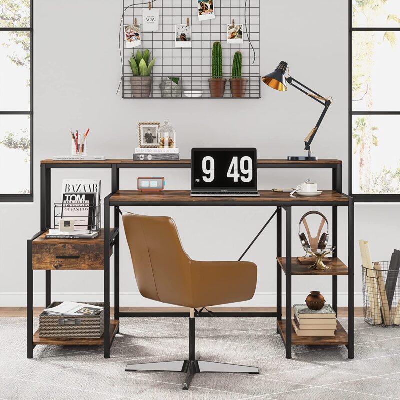 Computer Desk, 57" Study Writing Table with Drawer & Shelves - Image 3