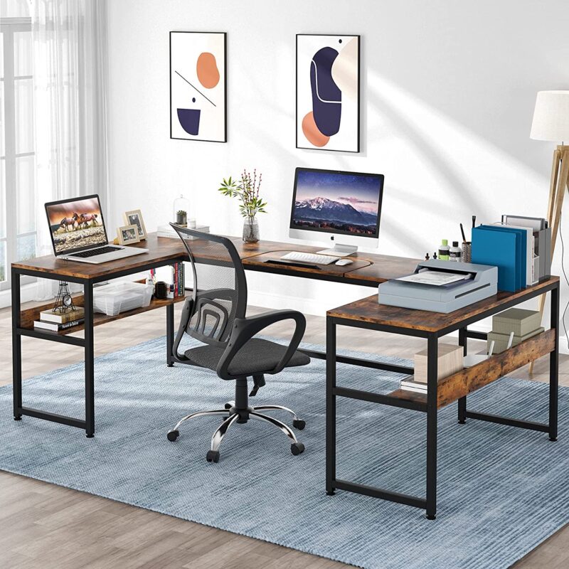 U-Shaped Desk with Bookshelf and Tiltable Drawing Board - Image 3