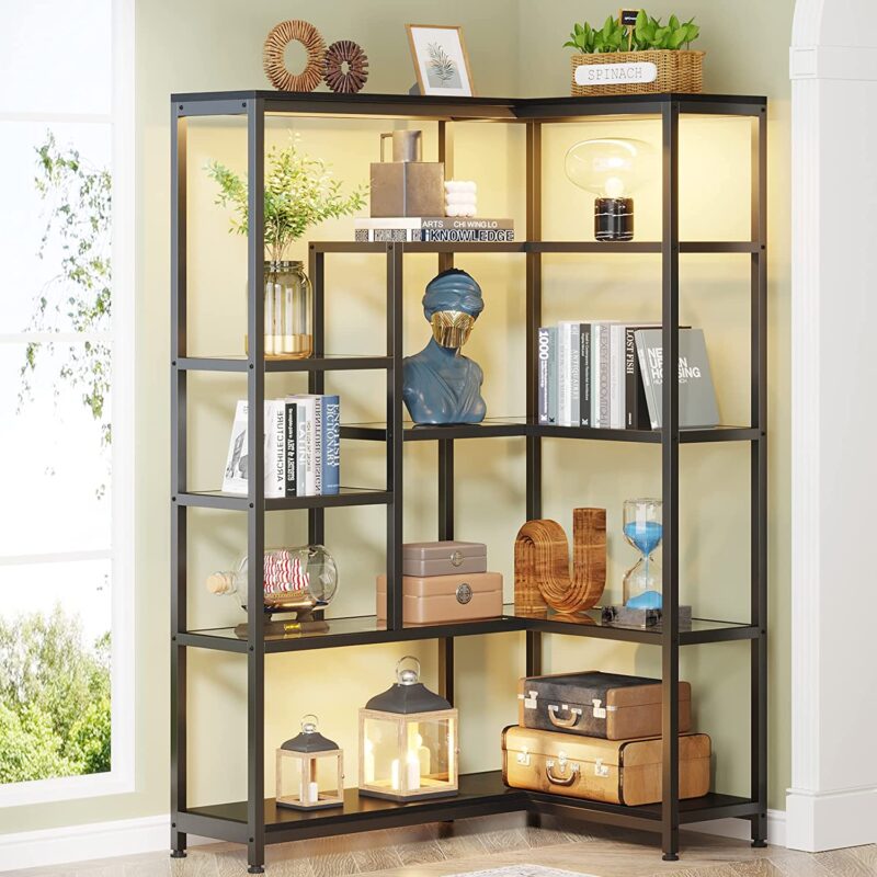 Corner Bookshelf, 70 Inch Bookcase with Led Light & Acrylic Glass - Image 2