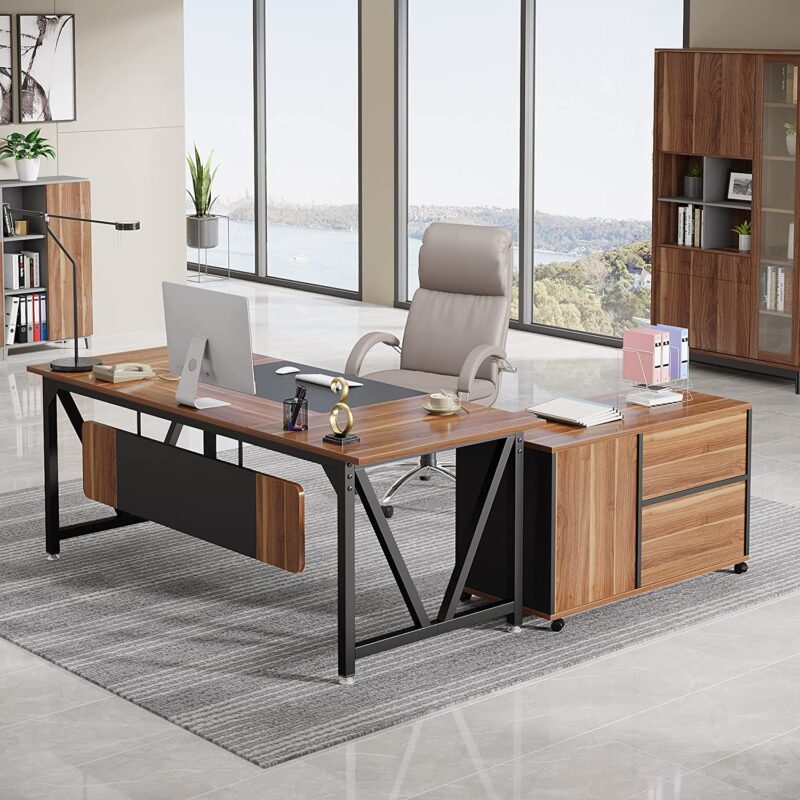 L-Shaped Desk, 70.8" Executive Desk with 35.4" File Cabinet - Image 4