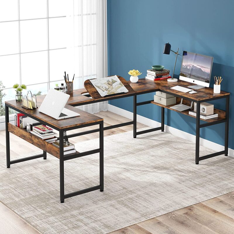 U-Shaped Desk with Bookshelf and Tiltable Drawing Board - Image 4