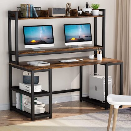 Computer Desk, 55" Hutch Desk Writing Table with Monitor Stand