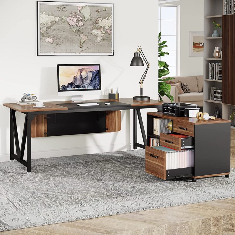 L-Shaped Desk, 70.8" Executive Desk with 35.4" File Cabinet - Image 3