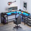 Gaming Desk, L-Shaped Computer Desk with Power Outlets & LED Strips - Image 9
