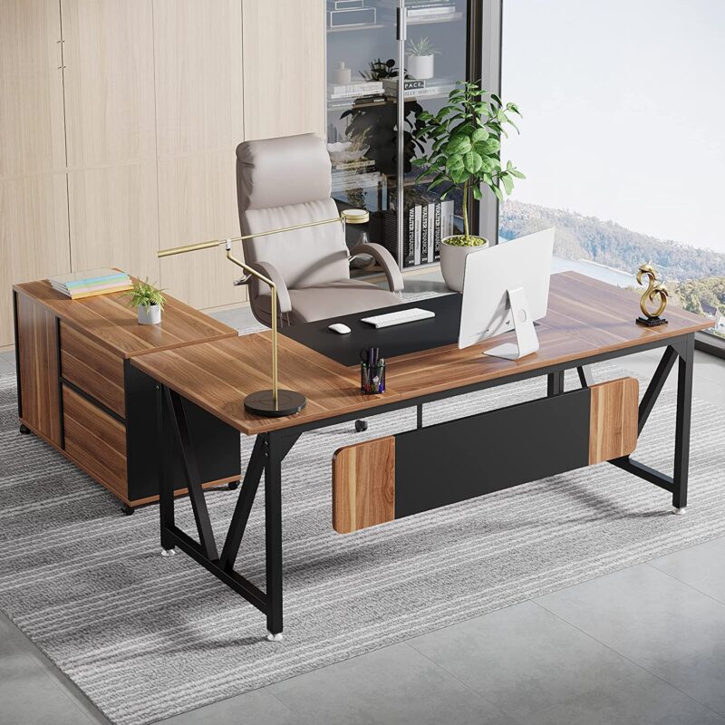 L-Shaped Desk, 70.8" Executive Desk with 35.4" File Cabinet - Image 2