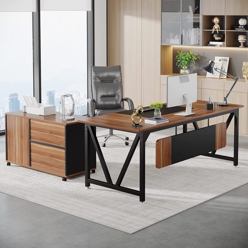 L-Shaped Desk, 70.8" Executive Desk with 35.4" File Cabinet - Image 5