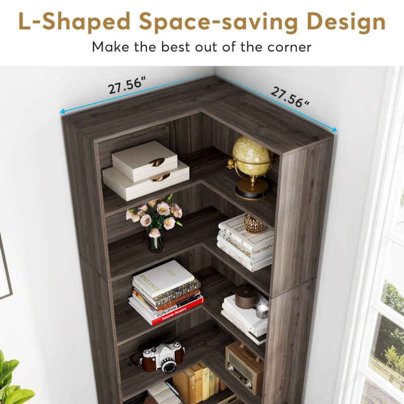 Corner Bookcase, 71 inch 6-Tier L-Shaped Etagere Bookshelf - Image 5