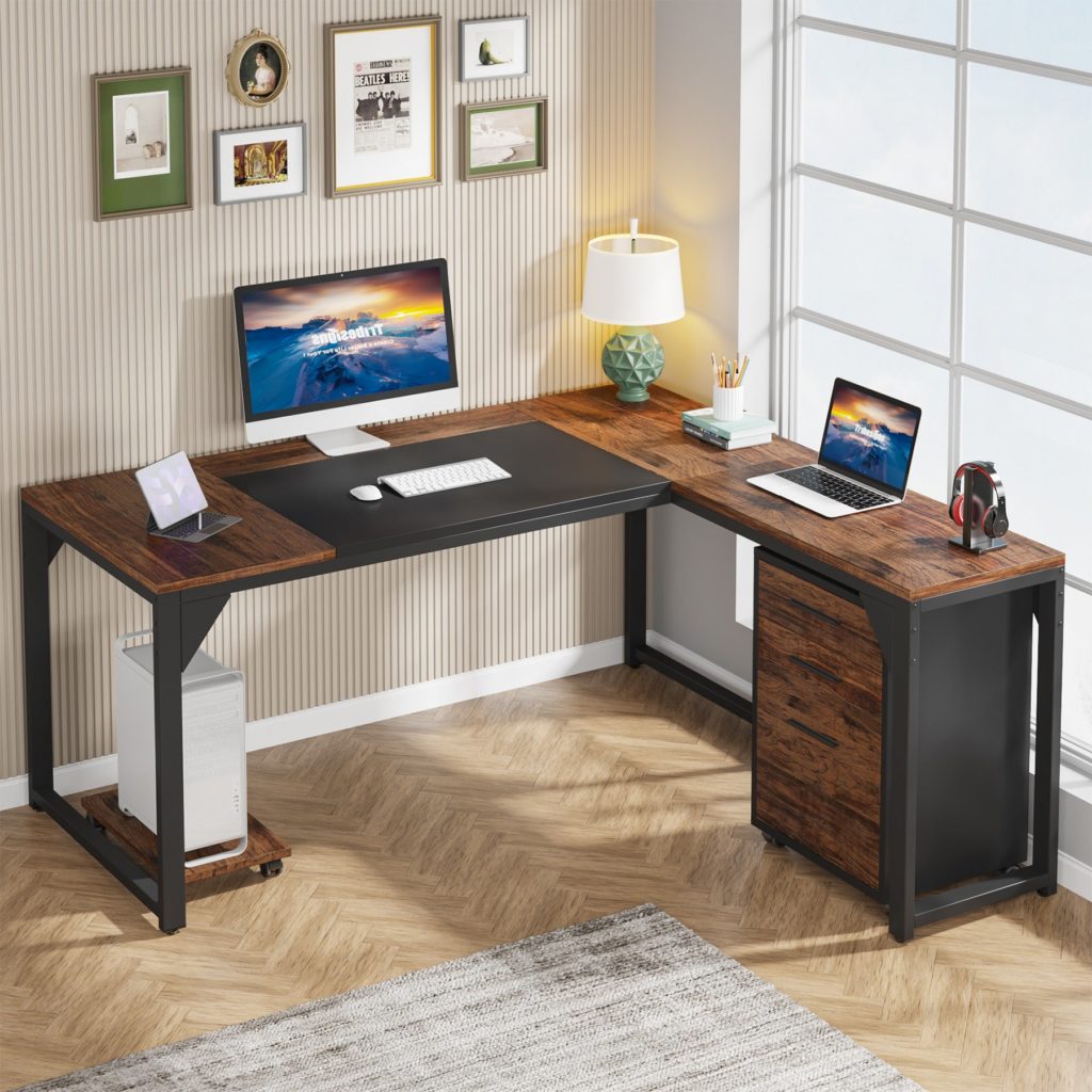 L-Shaped Desk, 63″ Executive Computer Desk with Mobile File Cabinet ...