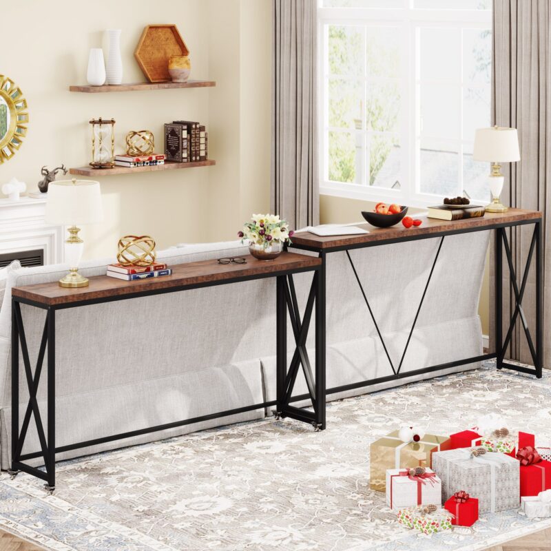 Console Table Set of 2, Narrow Long Sofa Table with Wheels - Image 3