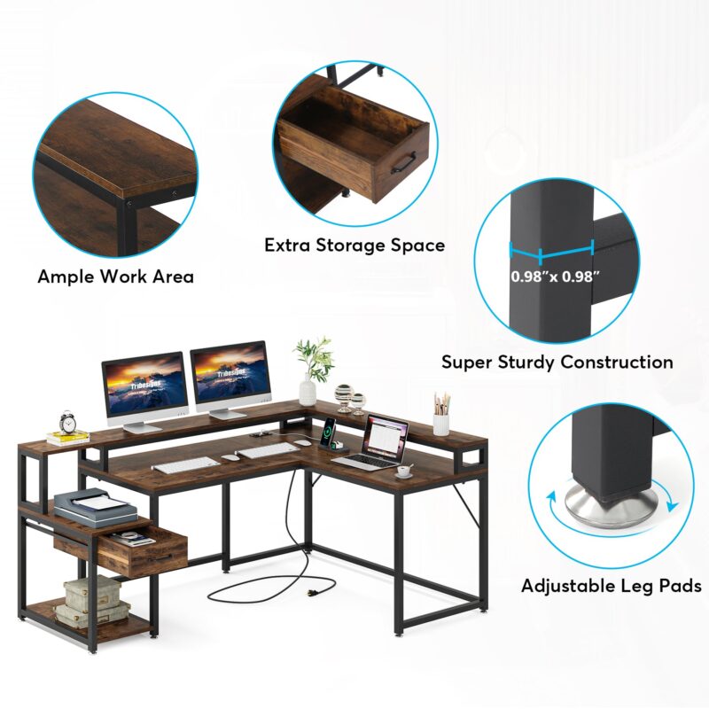 L-Shaped Desk, Corner Desk with Power Outlets, Monitor Stand & Drawer - Image 4