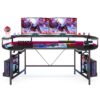 Gaming Desk, 75" Computer Desk with LED Strip & Monitor Shelf