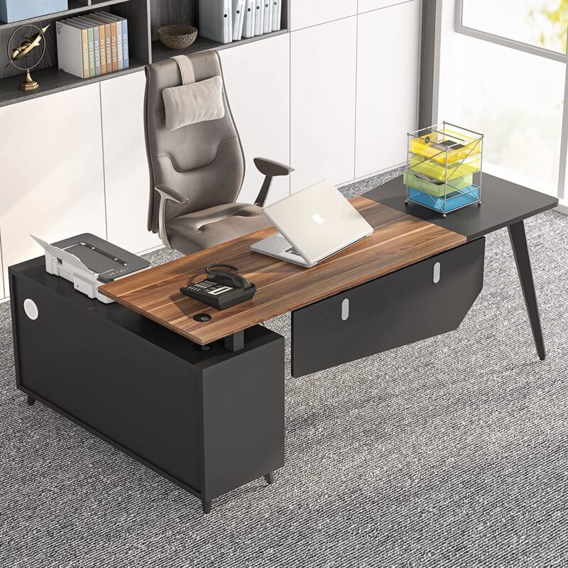 L-Shaped Desk, 78.74 Inch Executive Office Desk with File Cabinet - Image 3